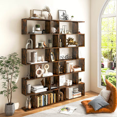 6 Tier S Shaped Bookshelf and Room Divider, Coffee Brown