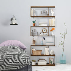6 Tier S Shaped Bookshelf and Room Divider, Coffee Brown
