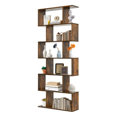 6 Tier S Shaped Bookshelf and Room Divider, Coffee Brown