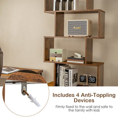 6 Tier S Shaped Bookshelf with 2 Door Cabinet, Freestanding Display Unit, Coffee Brown