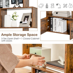 6 Tier S Shaped Bookshelf with 2 Door Cabinet, Freestanding Display Unit, Coffee Brown
