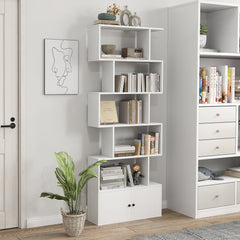 6 Tier S Shaped Bookshelf with 2 Door Cabinet, Freestanding Display Unit, White