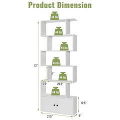 6 Tier S Shaped Bookshelf with 2 Door Cabinet, Freestanding Display Unit, White
