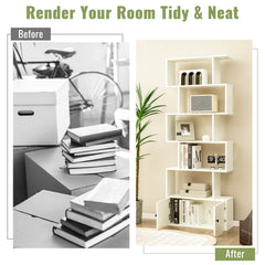 6 Tier S Shaped Bookshelf with 2 Door Cabinet, Freestanding Display Unit, White