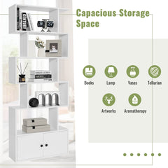 6 Tier S Shaped Bookshelf with 2 Door Cabinet, Freestanding Display Unit, White