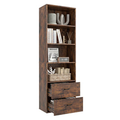 6-Tier Tall Freestanding Bookshelf with 4 Open Shelves and 2 Drawers-Rustic Brown