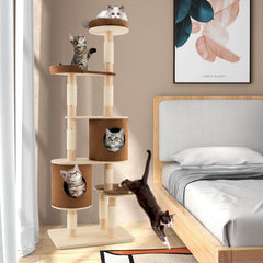 75 Inch 6 Tier Wooden Cat Tree with Two Removable Condos and Padded Top Perch