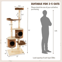 75 Inch 6 Tier Wooden Cat Tree with Two Removable Condos and Padded Top Perch