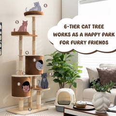 75 Inch 6 Tier Wooden Cat Tree with Two Removable Condos and Padded Top Perch