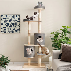 75 Inch Grey 6 Tier Cat Tree with Rubber Wood Pillars, Two Condos and Perch