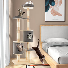 75 Inch Grey 6 Tier Cat Tree with Rubber Wood Pillars, Two Condos and Perch