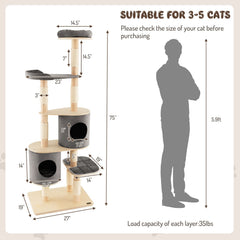 75 Inch Grey 6 Tier Cat Tree with Rubber Wood Pillars, Two Condos and Perch