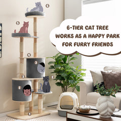 75 Inch Grey 6 Tier Cat Tree with Rubber Wood Pillars, Two Condos and Perch