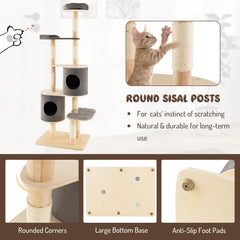 75 Inch Grey 6 Tier Cat Tree with Rubber Wood Pillars, Two Condos and Perch