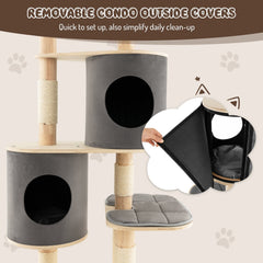 75 Inch Grey 6 Tier Cat Tree with Rubber Wood Pillars, Two Condos and Perch