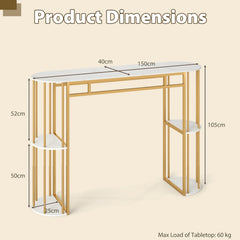 60 Inch Long Bar Table Narrow with Faux Marble Tabletop and Storage Shelves-White