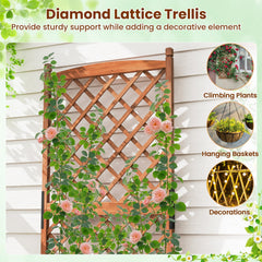 60 Inch Tall Raised Garden Bed with Diamond Lattice Trellis and Drainage Holes-Brown