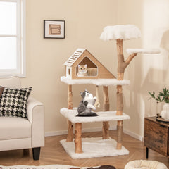 60 Inch Solid Pear Wood Cat Tree with House Condo, Two Perches and Jute Posts