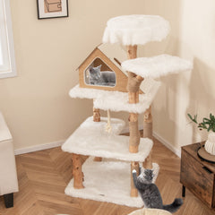 60 Inch Solid Pear Wood Cat Tree with House Condo, Two Perches and Jute Posts
