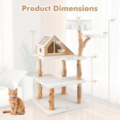 60 Inch Solid Pear Wood Cat Tree with House Condo, Two Perches and Jute Posts