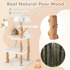 60 Inch Solid Pear Wood Cat Tree with House Condo, Two Perches and Jute Posts