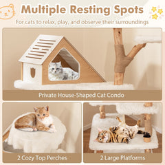 60 Inch Solid Pear Wood Cat Tree with House Condo, Two Perches and Jute Posts