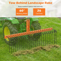 60 inch Pine Straw Rake Tow Behind Landscape Rake with 26 Metal Coil Tines-Orange