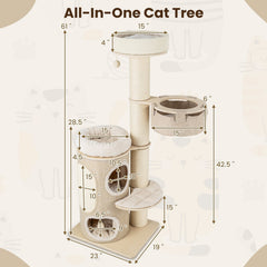 61 Inch Cat Tree with a Two Storey Bamboo Lined Condo and 5.5 Inch Sisal Posts