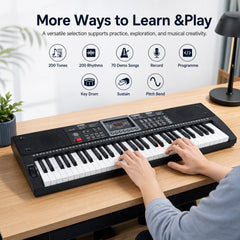 61 Key Keyboard Piano for Beginners with Stand Stool Lighted Keys-Black