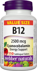 Webber Naturals Vitamin B12 Cyanocobalamin 2,500 mcg, Quick Dissolve, 110 Tablets, Supports Energy Production and Metabolism, Gluten Free, Non-GMO, Vegan