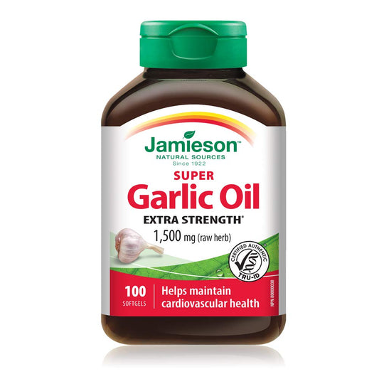 Jamieson Super Garlic Oil 1,500 mg, Extra Strength, Supports Heart Health, and Provides Immune Support. Non-GMO, Gluten-Free, 100 Softgels, Proudly Canadian