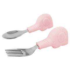Tiny Twinkle Easy Grip Toddler Utensils Spoon and Fork Set - BPA & Phthalate Free Utensil Sets, Kids Silverware with Silicone Handle, Baby Led Weaning Supplies for 12 Months & Up, Pink Elephant