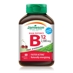 Jamieson Vitamin B12 2,500 mcg Fast Dissolve Sublingual Tablets Natural Cherry Flavour, Methylcobalamin, Supports Energy Production and Metabolism. Vegetarian, Gluten-Free, No Artificial Colours, Flavours, or Preservatives, 60 Count, Proudly Canadian