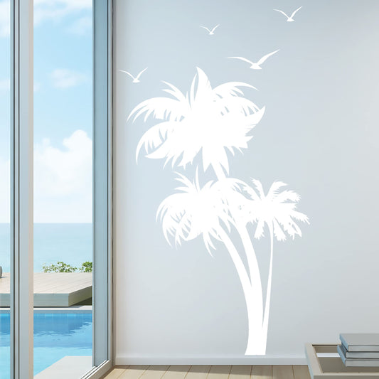Innovative Stencils 1132 84 mwhite mirror Palm Coconut Tree Nursery Wall Decal with Seagull Birds, White