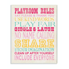 The Kids Room by Stupell Playroom Rules Typography in Pinks, Yellow and Blue Rectangle Wall Plaque