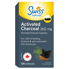 Swiss Natural Activated Charcoal, 260mg | Relief for Bloating, Gas & Digestive Discomfort | 100% Coconut Shell Sourced | No Dairy, Gluten, or Preservatives | 120 Capsules