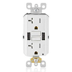 Leviton GFCI USB Dual Type A Combination Receptacle, 20 Amp Tamper-Resistant, SmartlockPro, GUSB2-00W, White