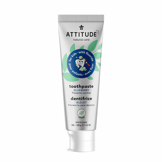 ATTITUDE Kids Natural Toothpaste with Fluoride, Made in Canada, Prevents Tooth Decay and Cavities, Vegan and Sugar-Free, Blueberry, 120 grams