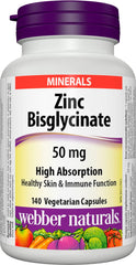 Webber Naturals Zinc Bisglycinate, 50 mg, 140 Capsules, High Absorption, Supports Healthy Skin and Immune Function, Stomach-Friendly, Vegan