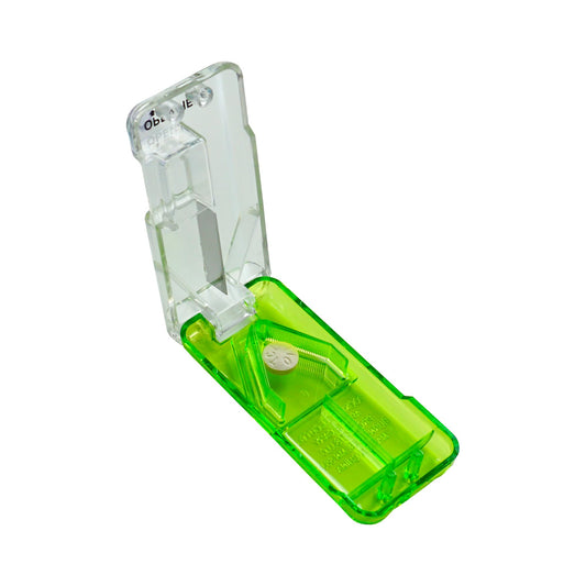 EZY DOSE Pill Cutter and Splitter with Dispenser, Daily Usage, Safely Cut Pills, Vitamins, Tablets, Accurate and Easy Cutting, Stainless Steel Blade, Travel Sized, Green, BPA Free