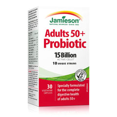 Jamieson Adult 50+ Probiotic 15 Billion Active Cells, Bifidobacterium Boost, Supports Digestive Health and Intestinal Health. 10 Unique Strains, Including Lactobacillus and Bifidobacterium, Non-GMO, Gluten-Free, 30 Vegetarian capsules