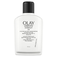 Olay Face Moisturizer, Complete with Sunscreen SPF 15, For Sensitive Skin, Fragrance Free, Daily Facial Lotion, Lightweight Hydrating Broad Spectrum Sun Protection - Vitamin C, E, and Niacinamide, 120 mL