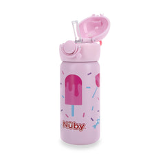 Nuby Thirsty Kids No Spill Flip-It Active Stainless Steel Travel Cup or Water Bottle - 14 Oz - 18+ Months - Pink Ice Cream - Back to School Essentials