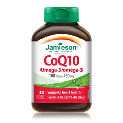 Jamieson CoQ10 100 mg with 450 mg Omega-3, Coenzyme Q10, Supports Heart Health, Brain Health, and Helps Prevent Migraines. Gluten-Free, Lactose-Free, 30 Softgels, Proudly Canadian