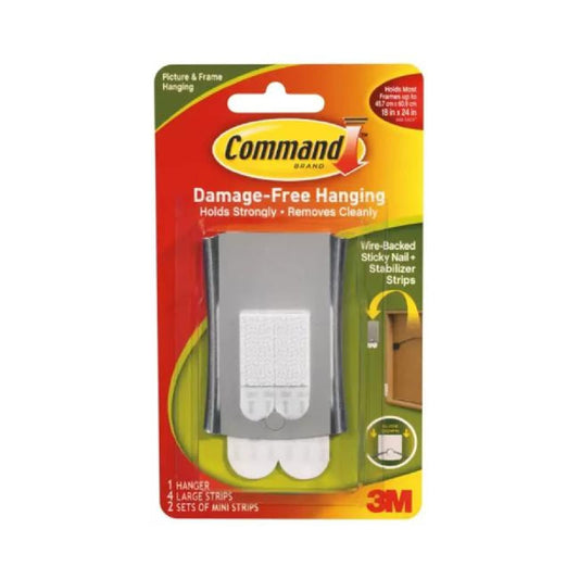 Command Wire Back Picture Hanger 17048-EF, White, 1 Hanger, 4 Large Strips, 4 Mini Strips