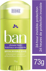 Ban Shower Fresh 24-Hour Invisible Solid, Antiperspirant Deodorant, 73 G | Made in Canada