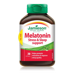 Jamieson Melatonin 3 mg Stress & Sleep Support, with Calming Herbals, Hops, Chamomile, Valerian and Passionflower. Improves Sleep Quality and Time, Promotes Relaxation, and Relieves Restlessness. Gluten-Free, 30 Capsules, Proudly Canadian