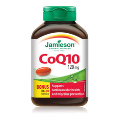 Jamieson CoQ10 120 mg, Coenzyme Q10, Supports Heart Health, and Helps Prevent Migraines. Non-GMO, Gluten-Free, 60 Softgels, Proudly Canadian