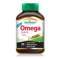 Jamieson Omega-3-6-9 1,200 mg, No Fishy Aftertaste, Fish Oil, Borage Oil, and Flaxseed Oil. Supports Heart and Brain Health, with EPA, DHA, and ALA, Non-GMO, Gluten-Free, 180 Softgels, Proudly Canadian