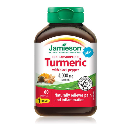 Jamieson Turmeric 4,000 mg, with Black Pepper, Provides Natural Joint Pain Relief, Supports Inflammation, and Helps with Digestion. High Absorption, NON-GMO, Gluten-Free, 60 Vegetarian Capsules, Proudly Canadian